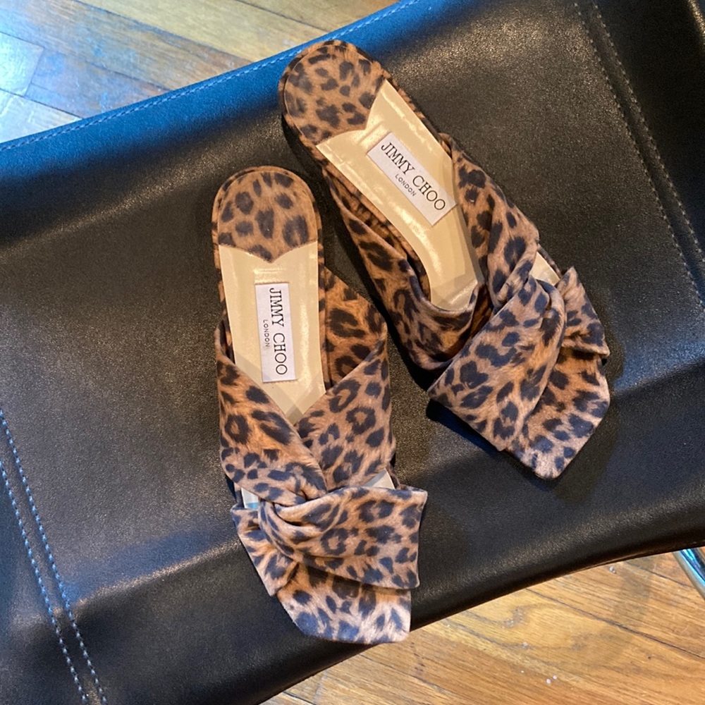Jimmy Choo Leopard Print Flat Sandals, size 8 1/2-9 US, size 40 EU